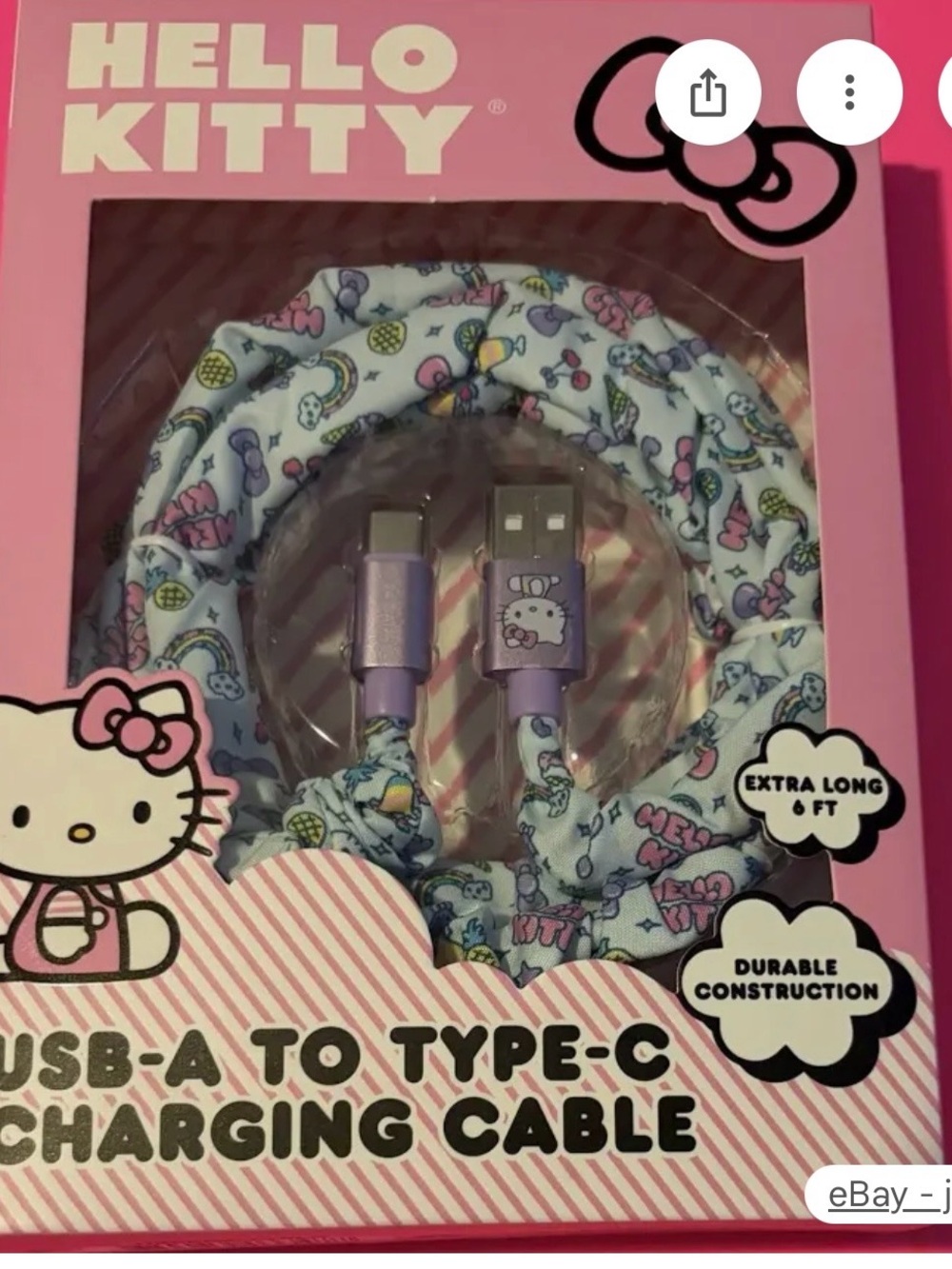 Hello Kitty Pink Patterned USB-A to USB-C Charging Cable